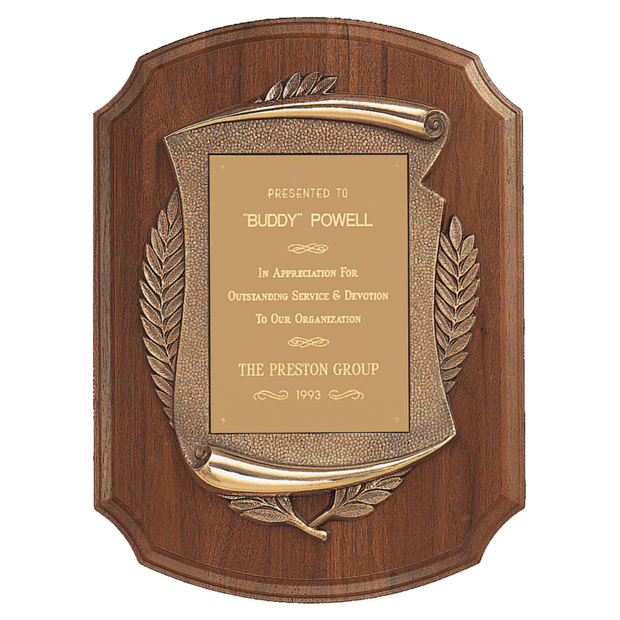 11" x 15" American Walnut Notch Corner Plaque w/Antique Bronze Scroll/Brushed Brass Plate