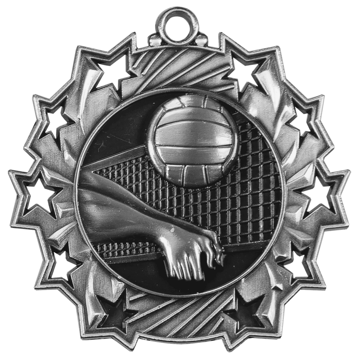 Antique Silver 2 1/4" Volleyball Ten Star Medal