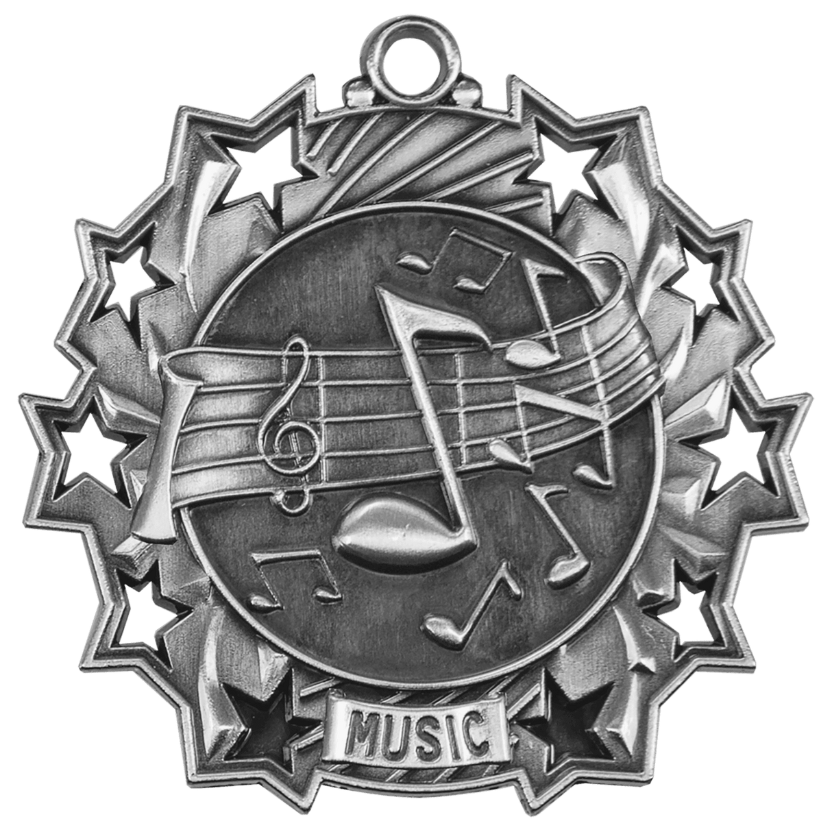 Antique Silver 2 1/4" Music Ten Star Medal