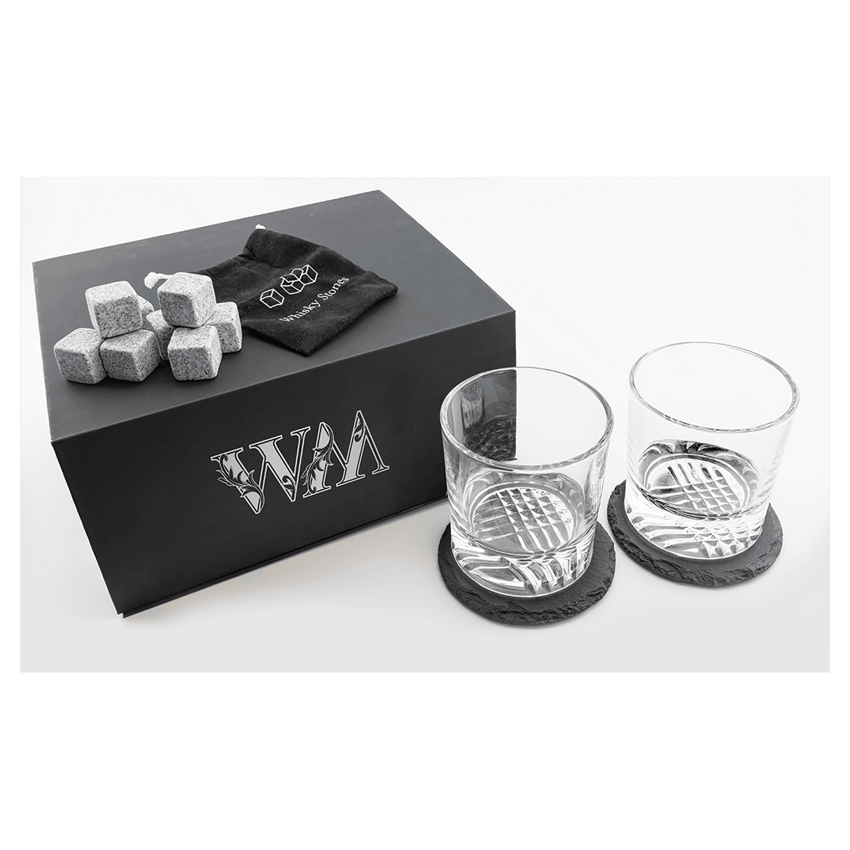 Lazerburst Whiskey Set with Two 9 oz. Glasses, Two 4" Slate Coasters, and Eight Granite Whiskey Stones with a Black Velvet Bag