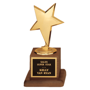 3 1/2" x 6 3/4" Modern Star Casting in Goldtone Finish on Walnut Finish Base with Black Laserable Plate