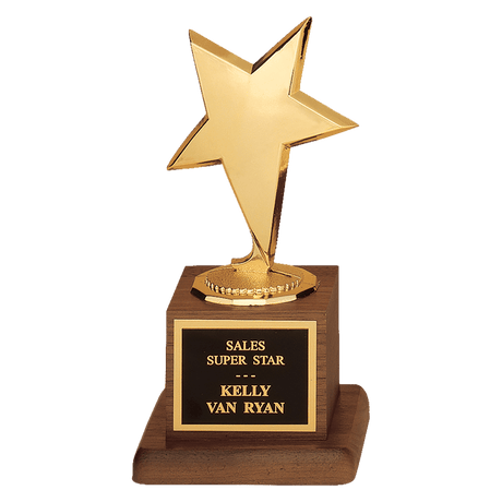 3 1/2" x 6 3/4" Modern Star Casting in Goldtone Finish on Walnut Finish Base with Black Laserable Plate