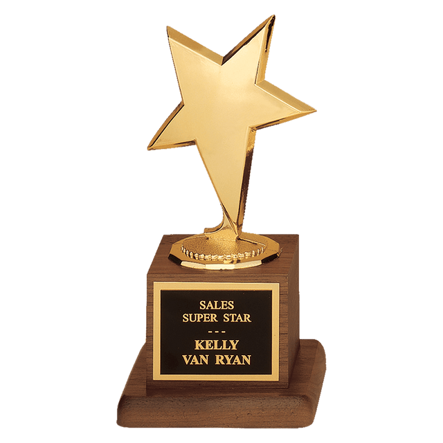 3 1/2" x 6 3/4" Modern Star Casting in Goldtone Finish on Walnut Finish Base with Black Laserable Plate