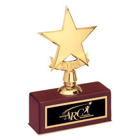 5" x 7 1/2" Polished Metal Goldtone Star Casting on Rosewood Piano Finish Base with Laserable Black Brass Plate