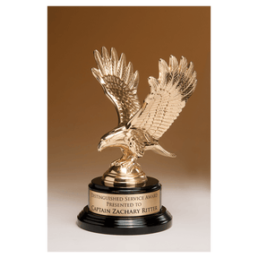 9" Fully Modeled Gold Finish Metal Eagle on a Black Piano Finish Base with a Gold Flex-Brass Plate