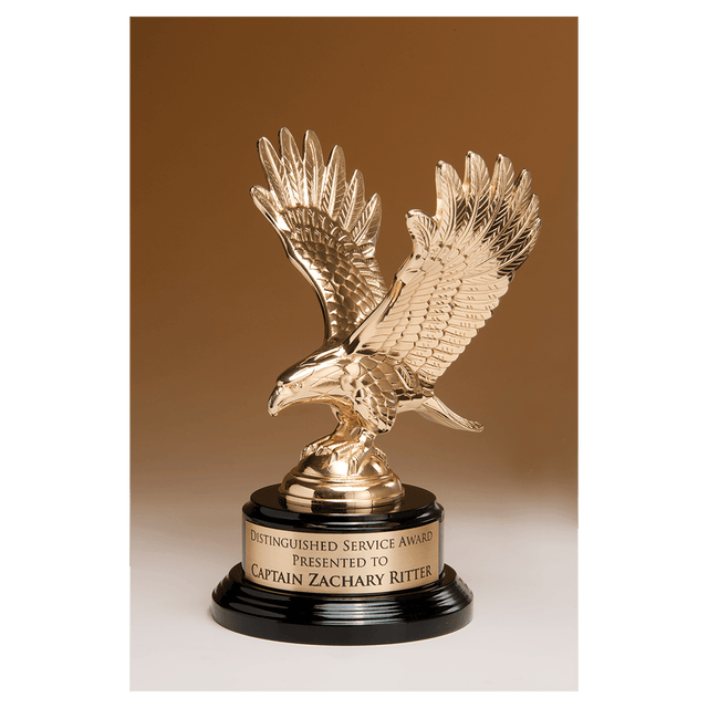 9" Fully Modeled Gold Finish Metal Eagle on a Black Piano Finish Base with a Gold Flex-Brass Plate