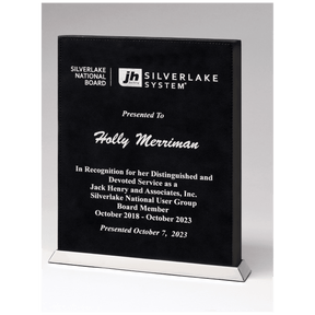 7 1/2" x 10" Black/Silver Laser Leather Desktop Plaque with Chrome Plated Base