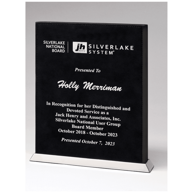 7 1/2" x 10" Black/Silver Laser Leather Desktop Plaque with Chrome Plated Base