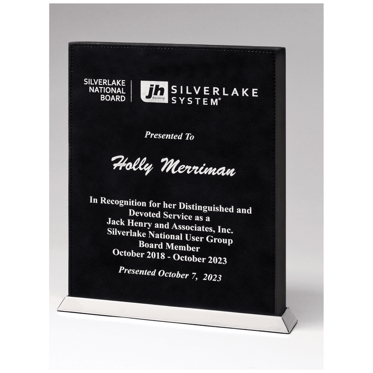 7 1/2" x 10" Black/Silver Laser Leather Desktop Plaque with Chrome Plated Base