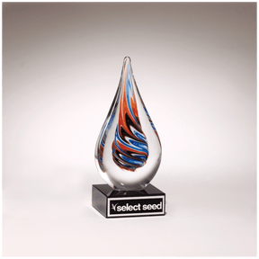 7 1/2" Teardrop Art Glass on Black Glass Base with Black Laserable Aluminum Plate