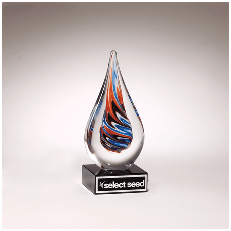 7 1/2" Teardrop Art Glass on Black Glass Base with Black Laserable Aluminum Plate