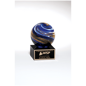 5" Globe with Blue, White and Gold Metallic on Black Glass Base with Black Laser Aluminum Plate