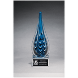 Blue and Black Teardrop Art Glass on Clear Glass Base with Black 10" Laserable Aluminum Plate