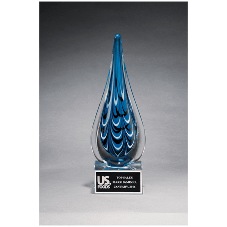 Blue and Black Teardrop Art Glass on Clear Glass Base with Black 10" Laserable Aluminum Plate