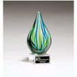8" Blue and Green Teardrop Art Glass on Clear Glass Base with Black Laserable Aluminum Plate
