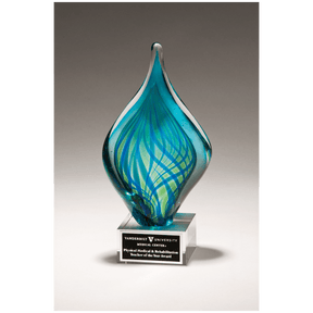 8 3/4" Blue and Green Twist Art Glass on Clear Glass Base with Black Laserable Aluminum Plate