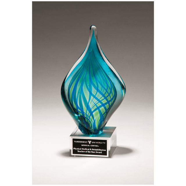 8 3/4" Blue and Green Twist Art Glass on Clear Glass Base with Black Laserable Aluminum Plate