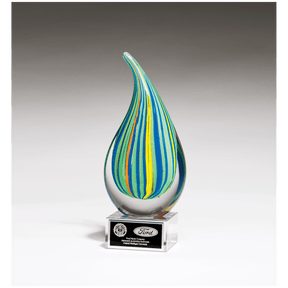 8 1/4" Multi-Colored Teardrop Art Glass on Clear Glass Base with Black Laserable Aluminum Plate