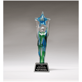 11 1/2" Star Achiever Art Glass on Clear Glass Base with Black Laserable Aluminum Plate