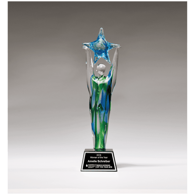 11 1/2" Star Achiever Art Glass on Clear Glass Base with Black Laserable Aluminum Plate