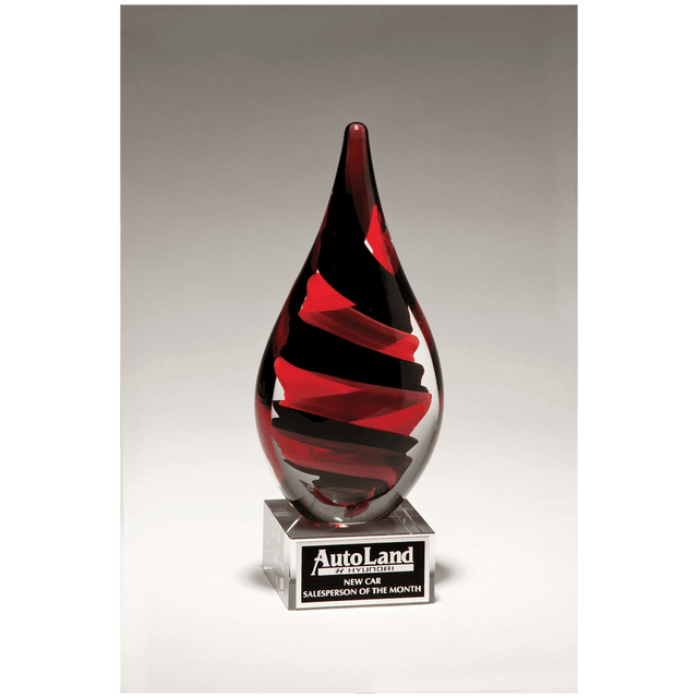 8" Black and Red Helix Teardrop on Clear Glass Base with Black Laserable Aluminum Plate