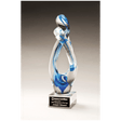 12" Contemporary Sculpture with Blue Accent Art Glass on Clear Glass Base with Black Laserable Aluminum Plate