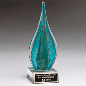 11 1/2" Teal/Green Teardrop with Gold Metallic Accent on Clear Glass Base with Black Laser Aluminum Plate