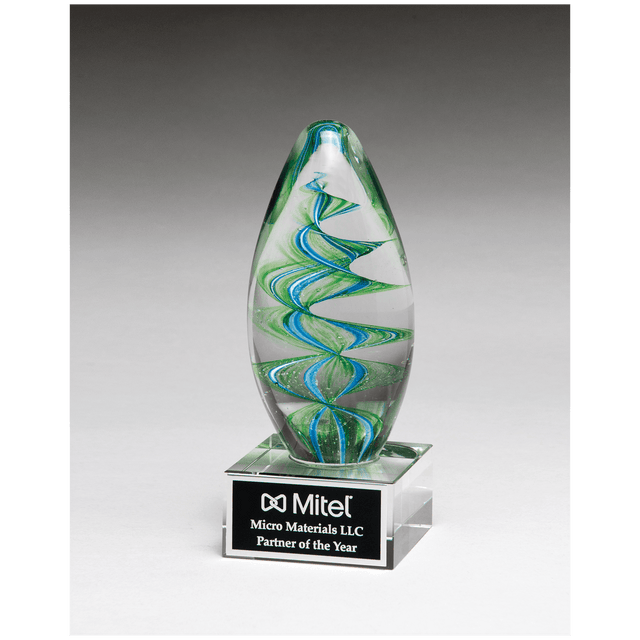 6 1/2" Blue and Green Helix Egg Shaped Art Glass on Clear Glass Base with Black Laserable Aluminum Plate