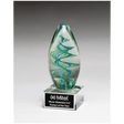 Blue and Green Helix Egg Shaped Art Glass on Clear Glass Base with Black 6 1/2" Laserable Aluminum Plate