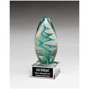 Blue and Green Helix Egg Shaped Art Glass on Clear Glass Base with Black 6 1/2" Laserable Aluminum Plate