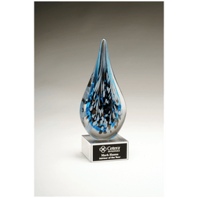 10" Multi-Colored Teardrop Art Glass on Clear Glass Base with Black Laserable Aluminum Plate