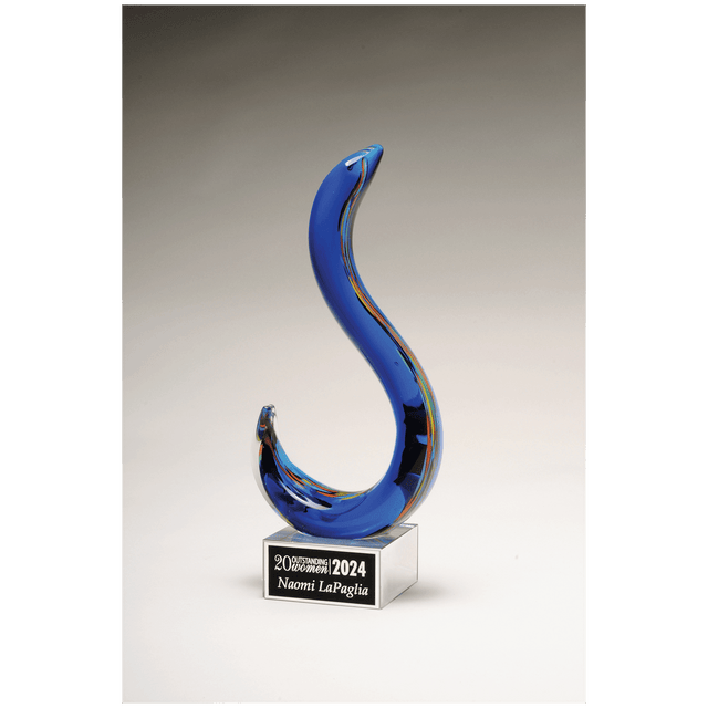 11" Modern Swan Design Art Glass on Clear Glass Base with Black Laserable Aluminum Plate
