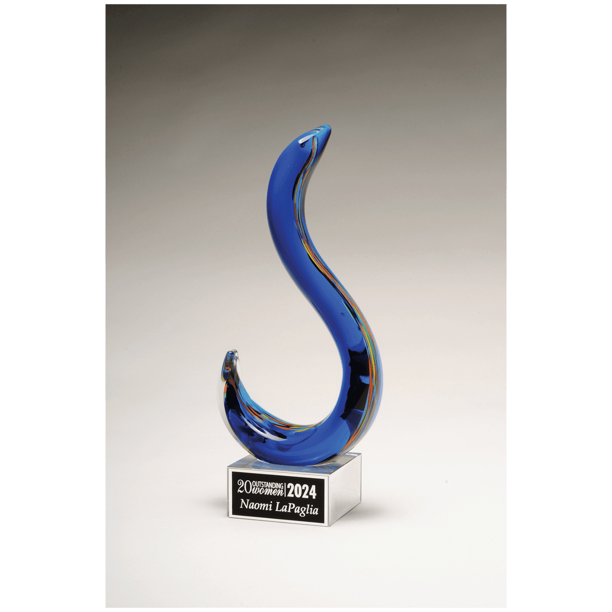 11" Modern Swan Design Art Glass on Clear Glass Base with Black Laserable Aluminum Plate