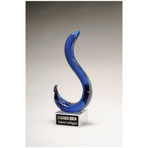 11" Modern Swan Design Art Glass on Clear Glass Base with Black Laserable Aluminum Plate