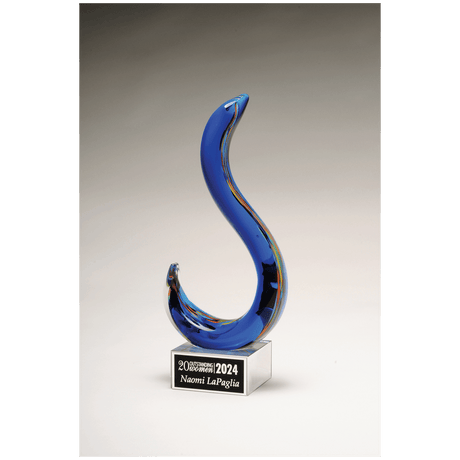 11" Modern Swan Design Art Glass on Clear Glass Base with Black Laserable Aluminum Plate