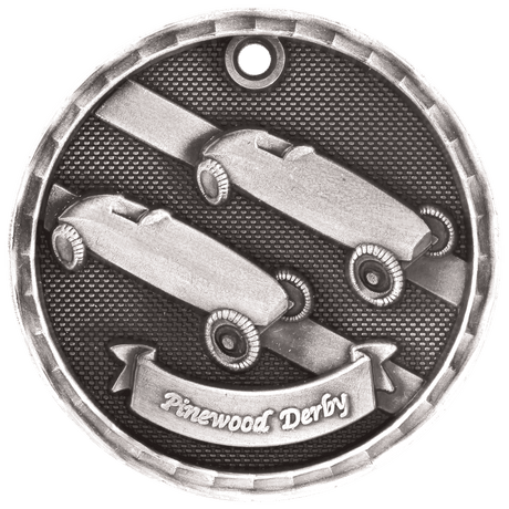 Antique Silver 2" 3D Pinewood Derby Medal