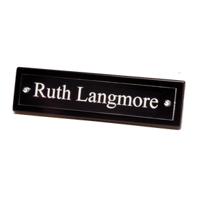9 1/4" x 2 1/8" Black Piano Finish Nameplate with Acrylic Engraving Plate, Two Silver Posts