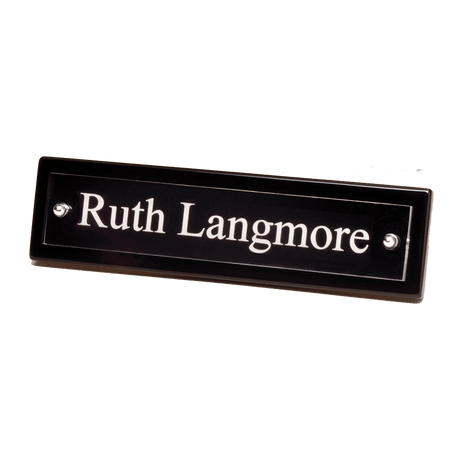 9 1/4" x 2 1/8" Black Piano Finish Nameplate with Acrylic Engraving Plate, Two Silver Posts