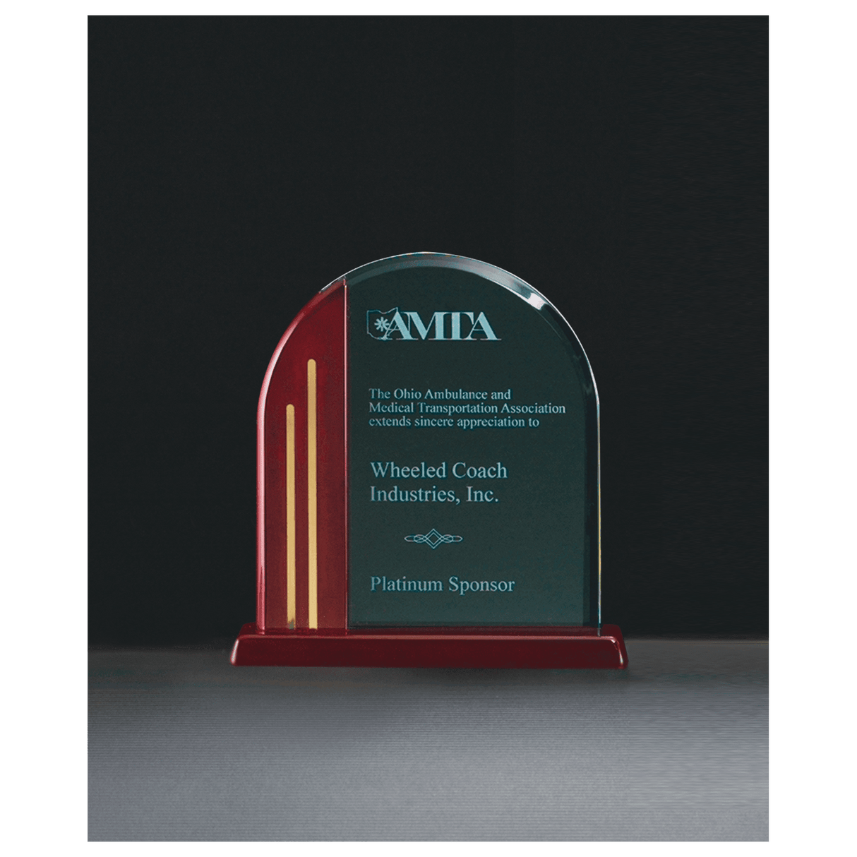 7 1/2" x 7 7/8" Arch Series Jade Acrylic with Rosewood Piano Finish Base, Gold Metal Accents
