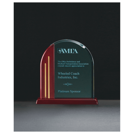 7 1/2" x 7 7/8" Arch Series Jade Acrylic with Rosewood Piano Finish Base, Gold Metal Accents