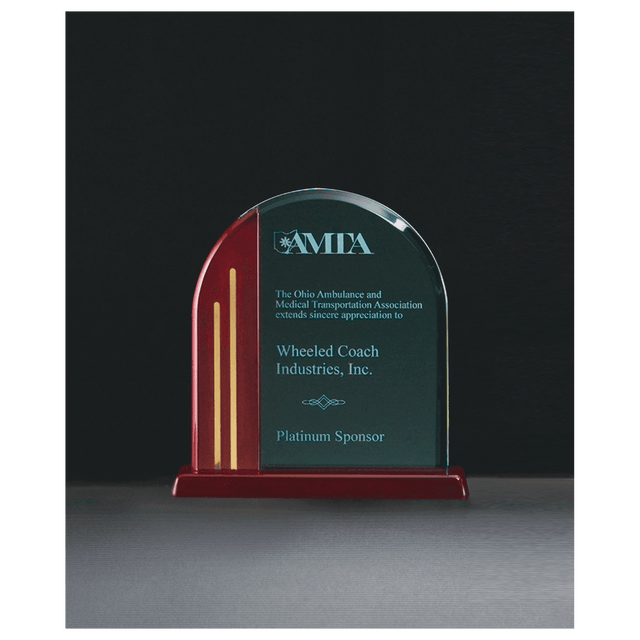 7 1/2" x 7 7/8" Arch Series Jade Acrylic with Rosewood Piano Finish Base, Gold Metal Accents