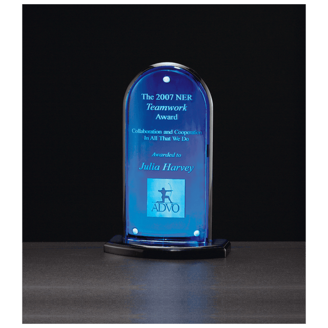 5" x 8" Arch Series Acrylic, Blue Mirror Upright, Black Base with Convex Acrylic Front