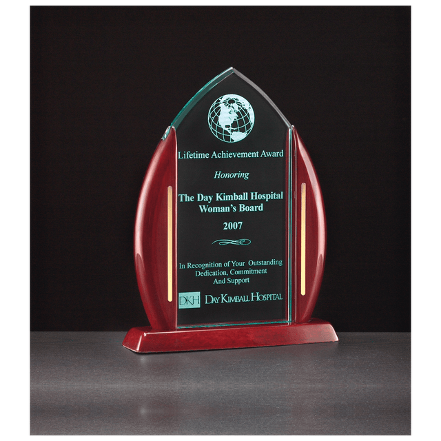 7 1/2" x 9 5/8" Flame Jade Acrylic with Rosewood Piano Finish Base and Posts, Gold Metal Accents