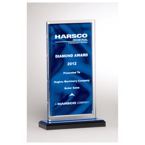 5" x 6 1/2" Dark Blue Draped Satin Patterned Acrylic with Silver Mirror Border, Black with Blue Top Base