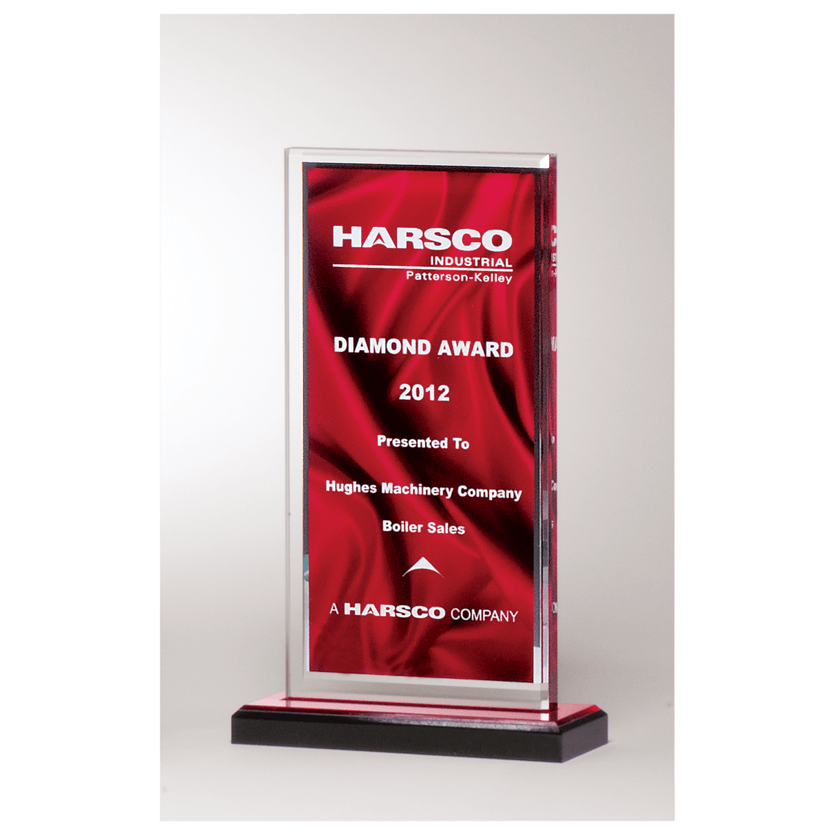 5 x 7 1/2" Deep Red Draped Satin Patterned Acrylic with Silver Mirror Border, Black with Red Top Base