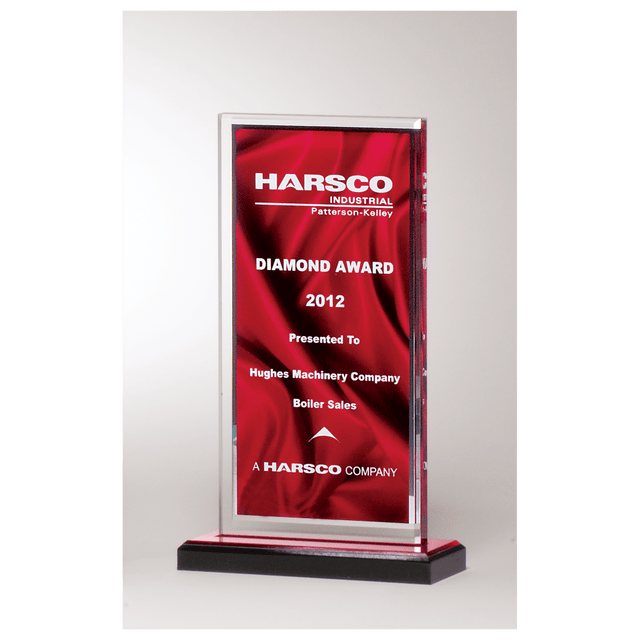 5 x 8 1/2" Deep Red Draped Satin Patterned Acrylic with Silver Mirror Border, Black with Red Top Base