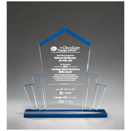 10" x 10 3/4" Large Tower Spotlight Clear Acrylic with Blue Accent on Blue Acrylic Base
