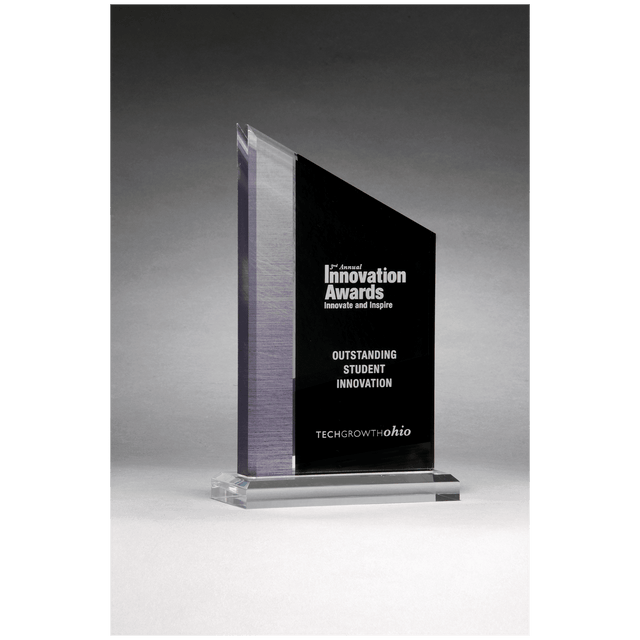 6" x 9" Digitally Printed Brushed Silver Accent on Black Upright Acrylic with Clear Base