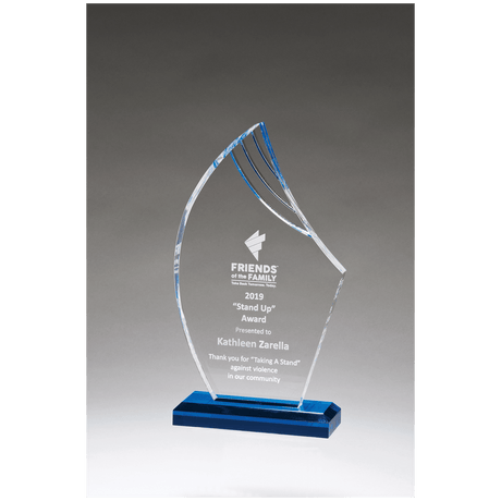 4 7/8" x 8 3/4" Flame Series Clear Acrylic with Blue Accents and Matching Blue Acrylic Base