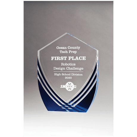 7 3/8" x 9 1/2" Shield Series Clear Acrylic with Polished Score Lines and Blue Metallic Accent